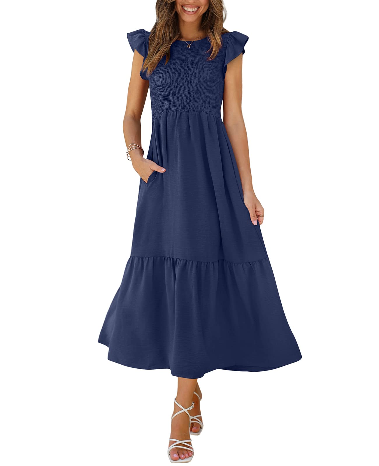 OFEEFAN Women's Casual Maxi Dresses with Pockets Ruffle Sleeve Smocked Dress XS-2XL