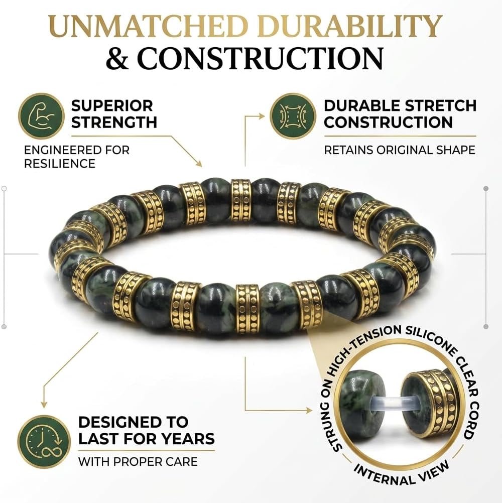 Kartini Studio Men's Jade Bracelet, Jade and Gold Plated Beads, Dark Green Nephrite Jewelry, Gift for Man