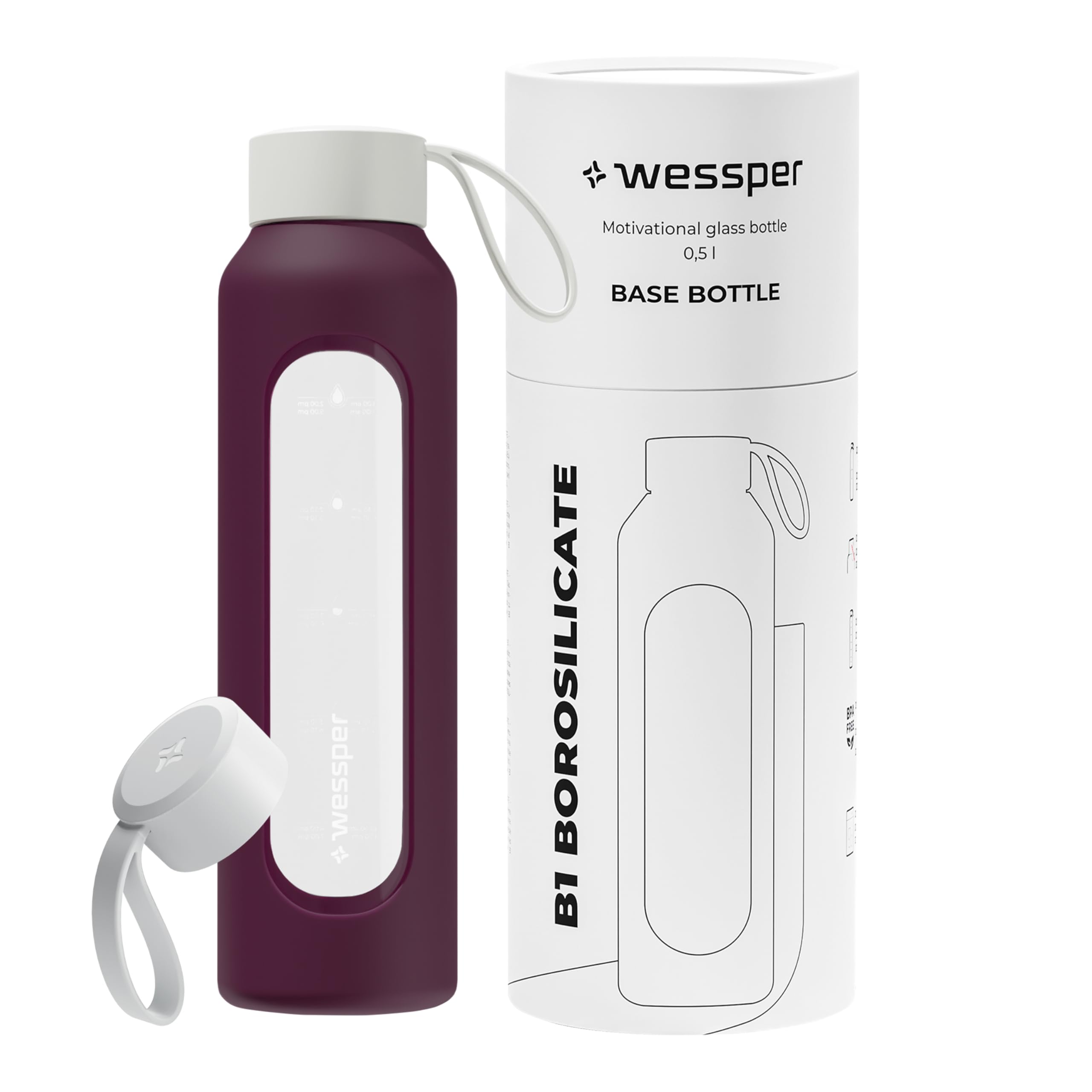 Wessper Botella de Agua Cristal, Botella 500 ml Motivadora con Escala de Hidratación, Botellas de Vidrio Borosilicato con Funda de Silicona, Material Seguro sin BPA - Violeta — view 16