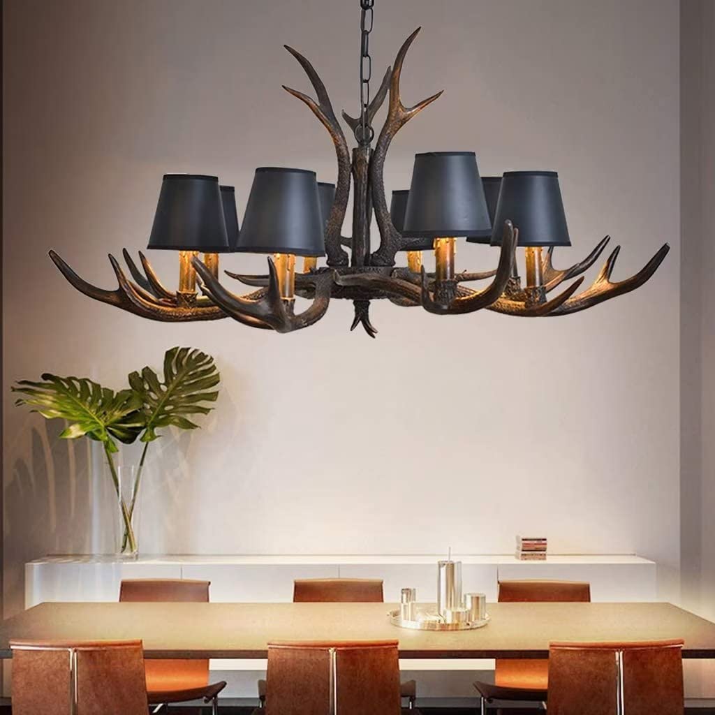Lampade a Sospensione retrò in Resina con Corna di Cervo, Lampada da Tavolo da Pranzo Regolabile in Altezza, lampadario a Candela con Attacco E14 per Ristorante, Soggiorno, Lampada da Soffit