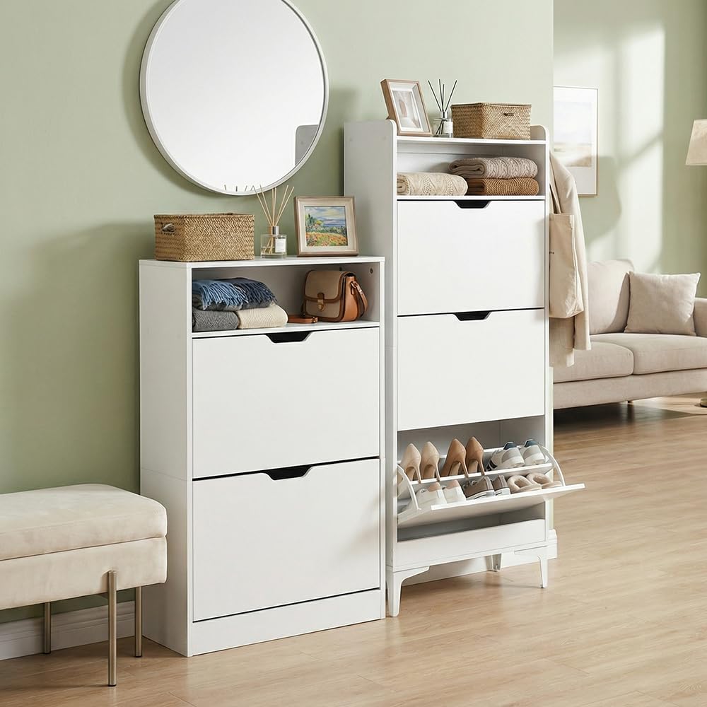 EGGREE Zapatero Alto y Estrecho con 3 Puertas Abatibles y Compartimento Abierto, Mueble Ahorrador de Espacio para Pasillo, Apartamento, Habitaciones, Blanco, 60x24x159 cm
