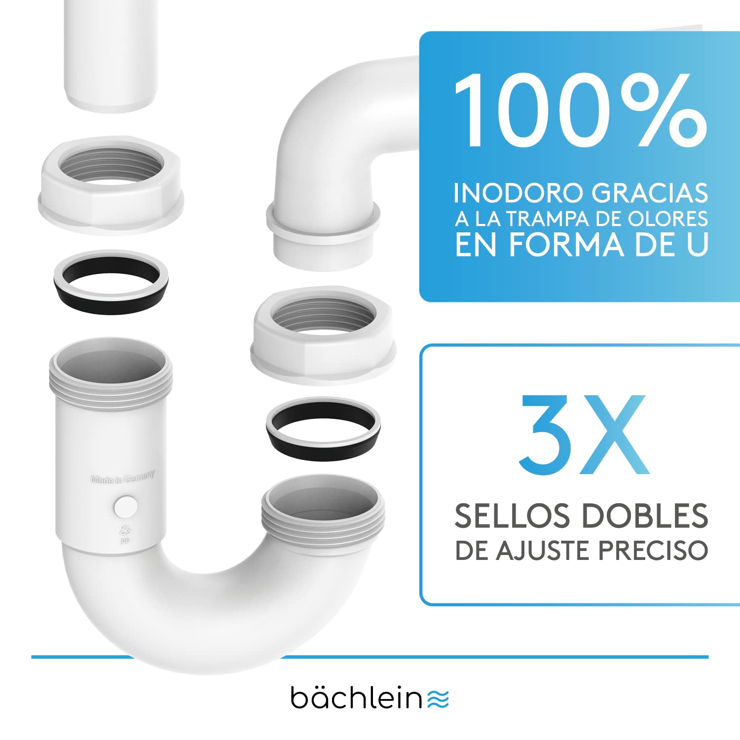 Bächlein G 1 1/4 Pulgadas Sifón de Ahorro de Espacio para el Baño - Sifón de Lavabo Plano de 32 mm - Sifón de Olores Baño - Made in Germany