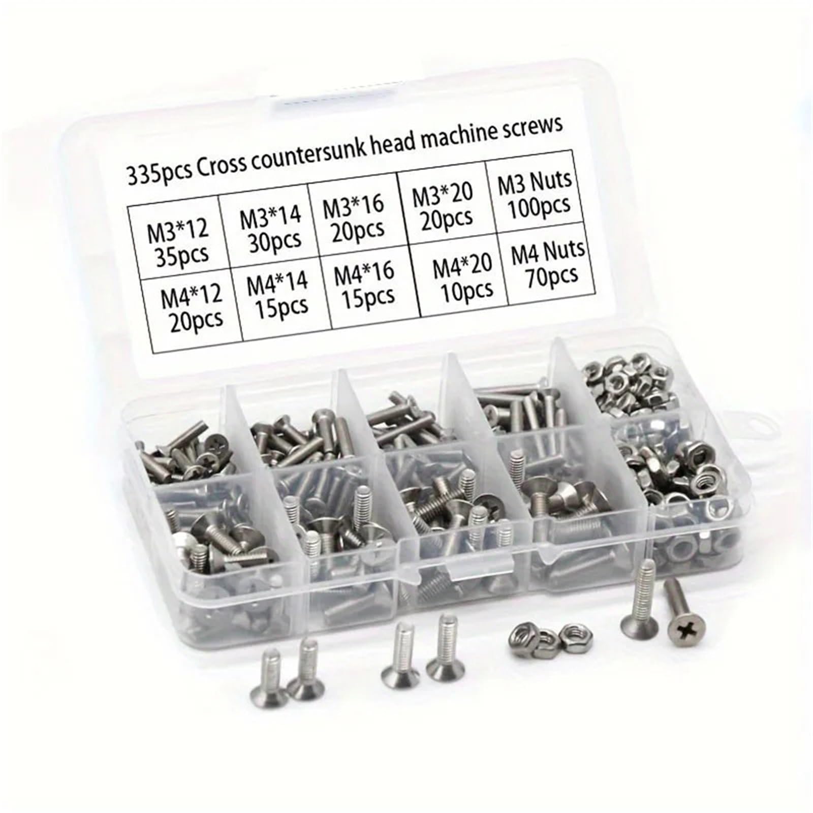 Tornillos avellanados acero inoxidable Kit de tornillos acero inoxidable (M3 y M4), 220/335 Uds.: avellanador Phillips con tuercas, for hogar/taller/bricolaje(335pcs)