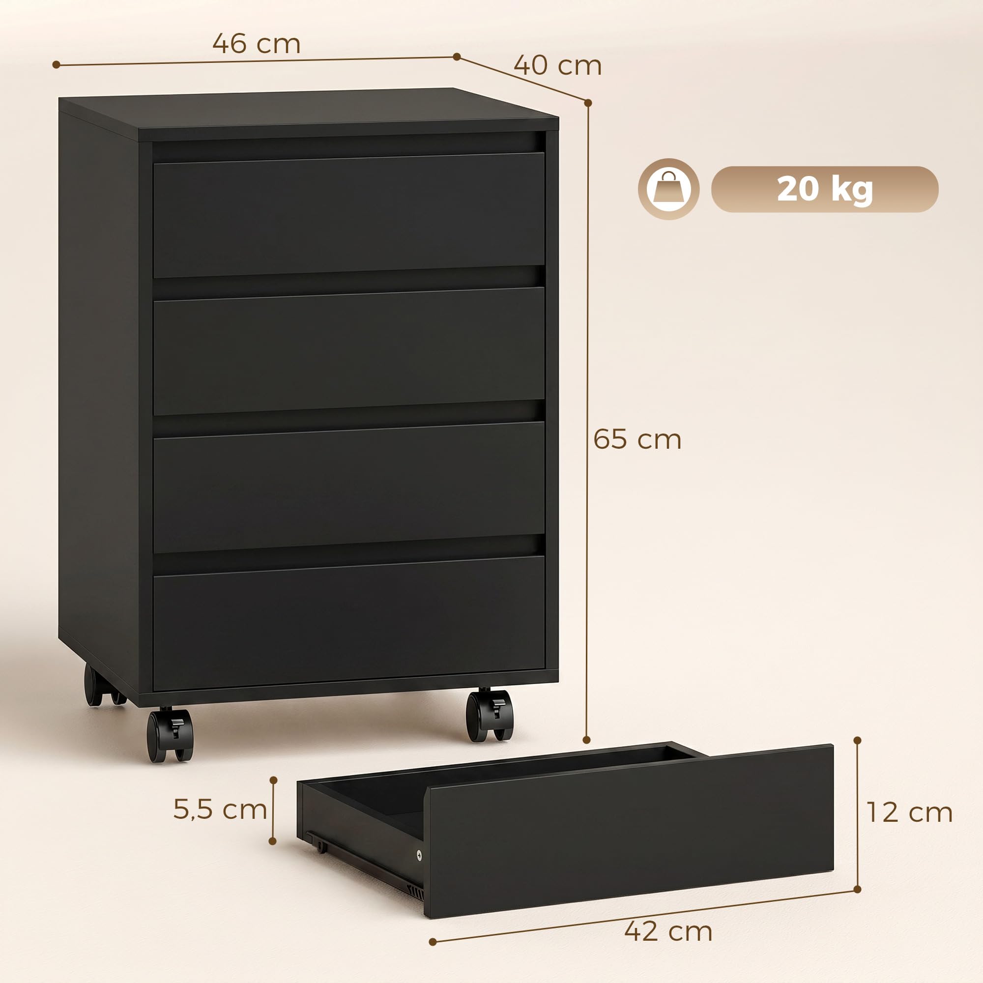HOMCOM Caisson de Bureau, Rangement Bureau sur Roulettes, 4 Tiroirs Coulissants en Bois, Noir