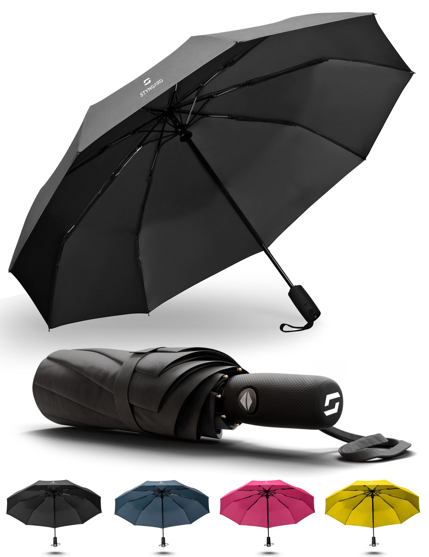 STYNGARD Regenschirm sturmfest bis 140 km/h - Taschenschirm mit Auf-zu-Automatik und zertifizierter Teflon-Beschichtung gegen Feuchtigkeitsschäden - kurzer Griff - Modell OSLO