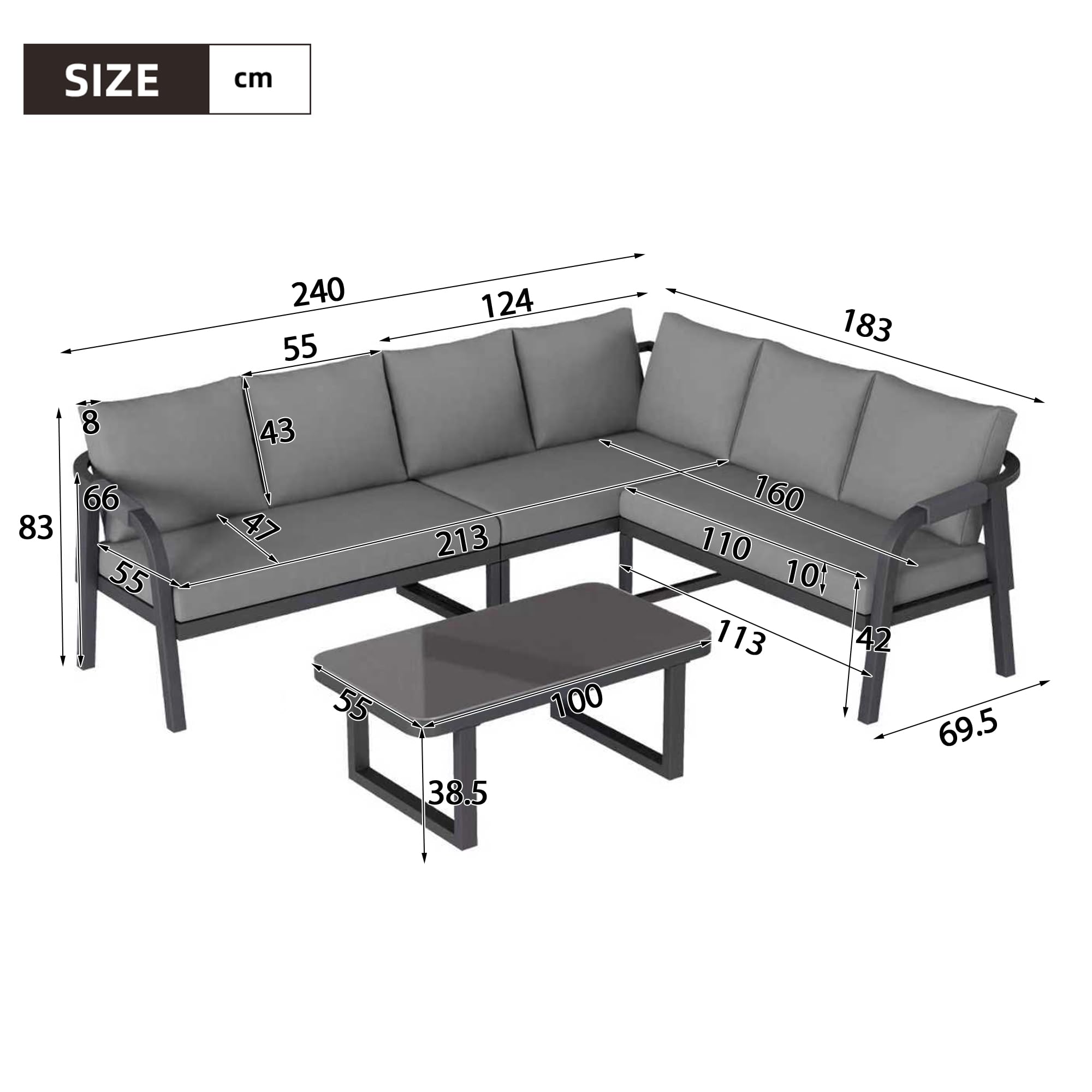 Juego de muebles de jardín, posición esquinera, ofrece espacio para hasta 6 personas, brazos y respaldos trenzados, tubos de acero galvanizado, incluye sofá de esquina y mesa de café (gris)