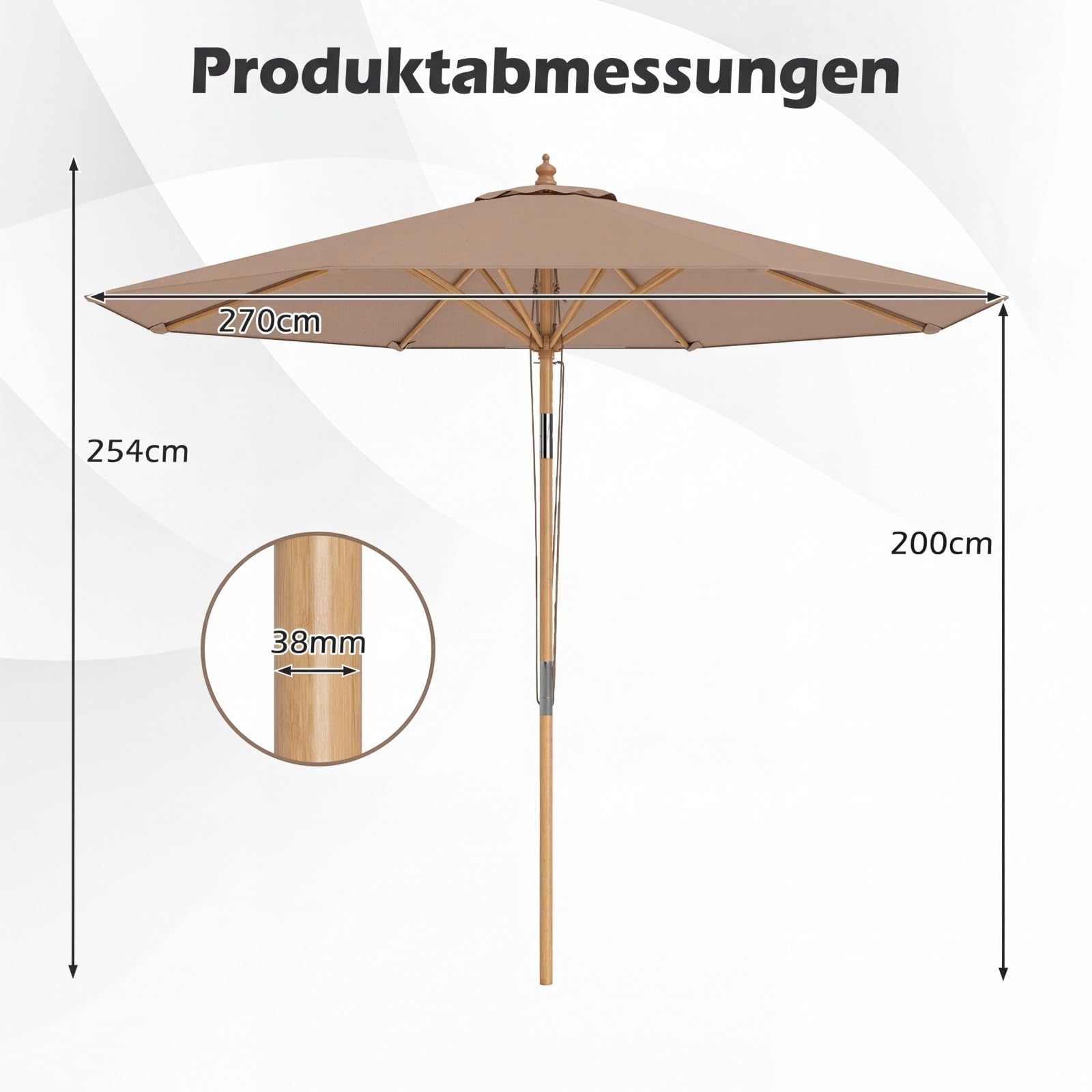 COSTWAY Sonnenschirm 270 cm, Gartenschirm aus Holz, beidseitig um 30° knickbar, Balkonschirm, Terrassenschirm, Sonnenschutz, Marktschirm für Garten, Balkon, Terrasse (Khaki Tan)