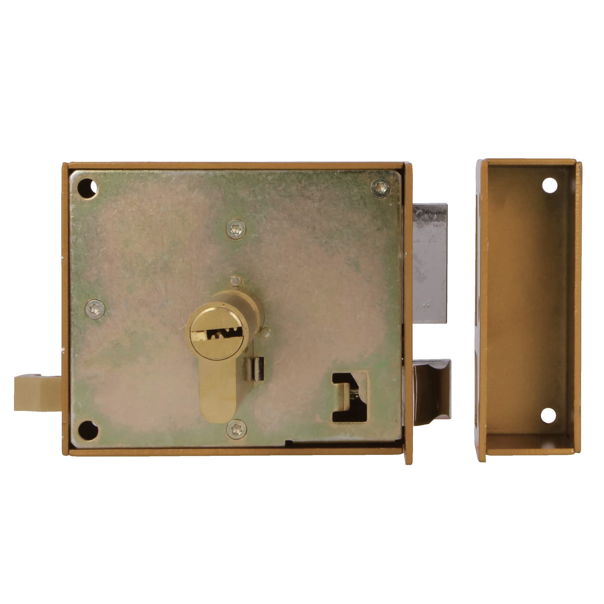 Amig - Cerradura de Sobreponer de Izquierda con Palanca de Cierre, Lengüeta y Tirador para Puertas de Madera Mod. 73, 100 x 85 mm, Pestillo Con Cilindro Europerfil, Acero Dorado