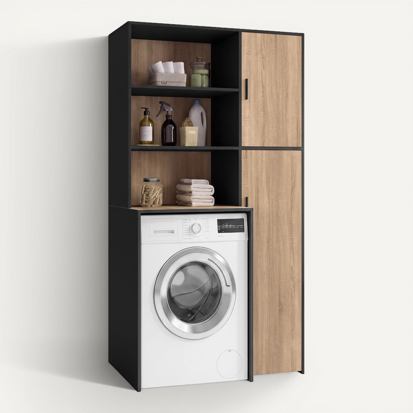 IDMarket - Wallis-Waschküchenmöbel für Waschmaschine oder Wäschetrockner mit Regalen und Stauraumschrank in Schwarz und Holzoptik