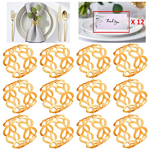 Napkin Rings Set of 12, Round Hallow Out Metal Napkin Serviette Holder for Table Settings Wedding Holiday Party Banquet Circle Serviette Buckle with Table Place Card (F: 12PCS Gold Butterfly)