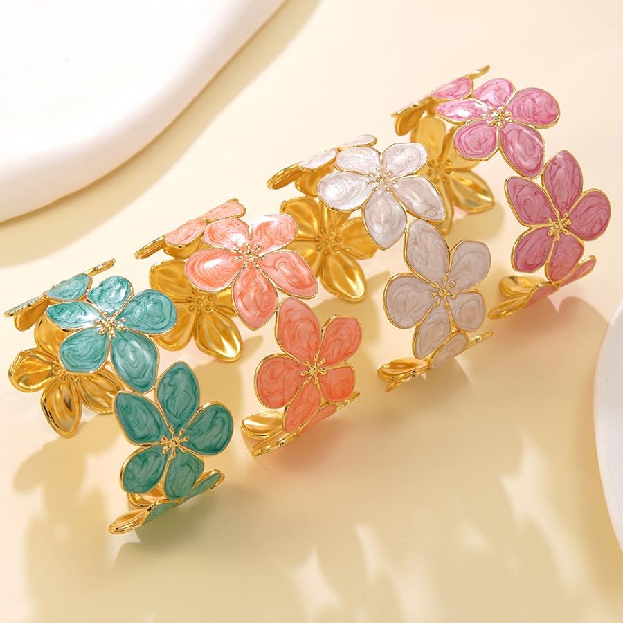 Colorful Flower Cuff Bracelet For Women Dainty Adjustable Drip Oil Flower Open Bracelet Vintage Chunky Declaration Flowers Hollow Bangle Bracelet Fashion Statement Jewelry Accessories For Women - Image 4