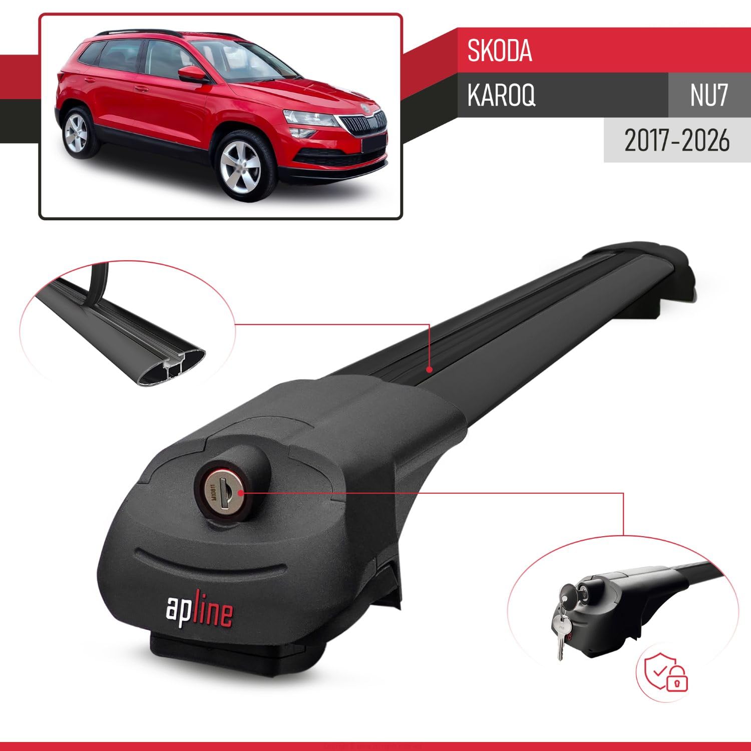 Kompatybilny z Skoda Karoq 2017-2026 ACE-1 Aluminiowy bagażnik dachowy – 2 poprzeczki, czarne