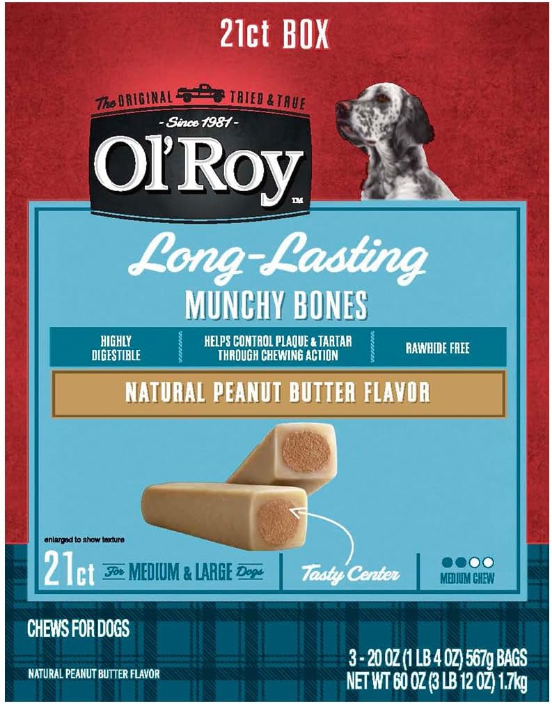 GYCO Peanut Butter Munchy Bones Dog Treats for Dogs, Medium to Large, 21 Count, 60 oz. Butter Munchy Bones Dog Treats are crafted to satisfy The chewing.