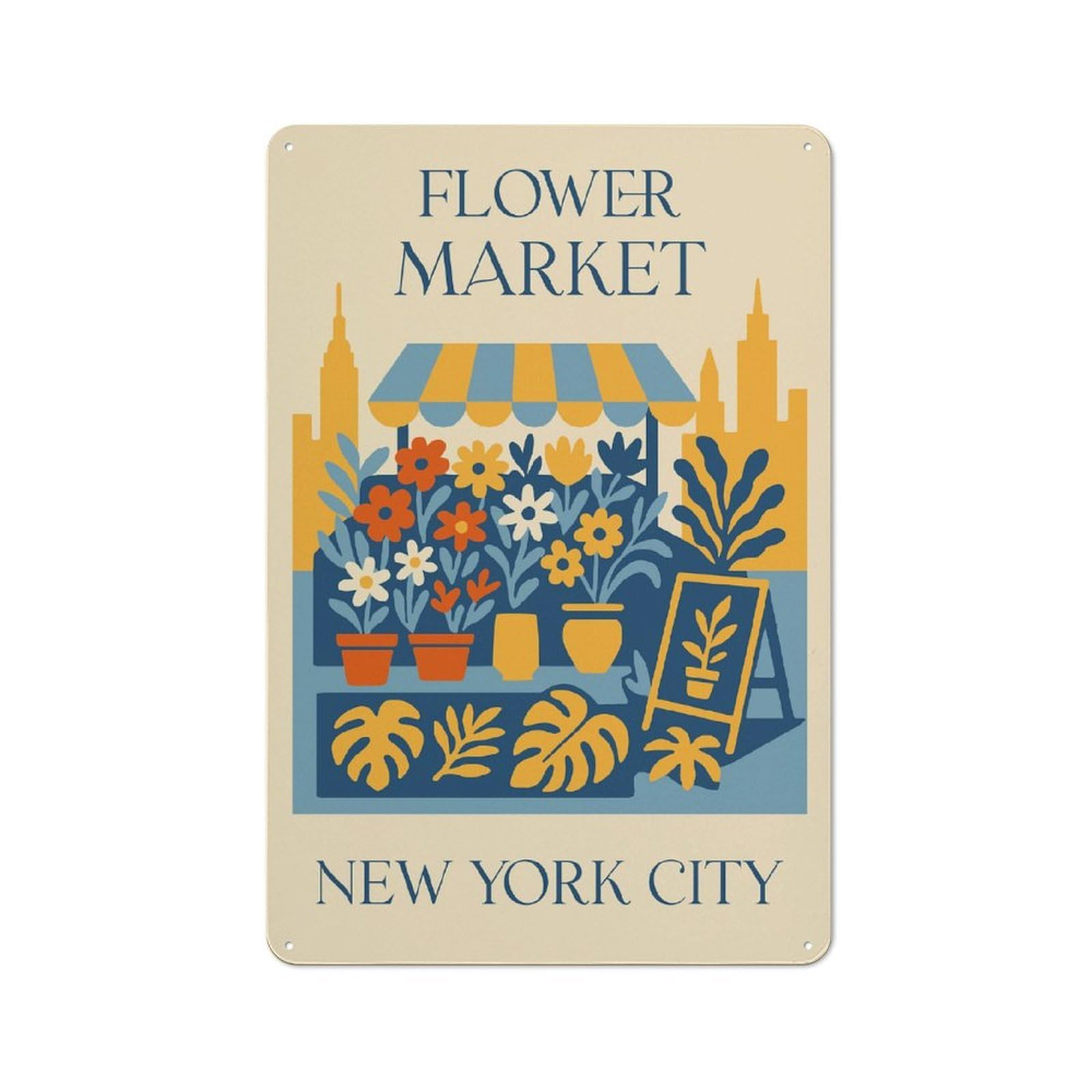 Understated Office Metal Sign 30x20cm Featuring Flower Market New York City Illustration, Studio Wall Plaque for Office, Study, Studio Or Hallway