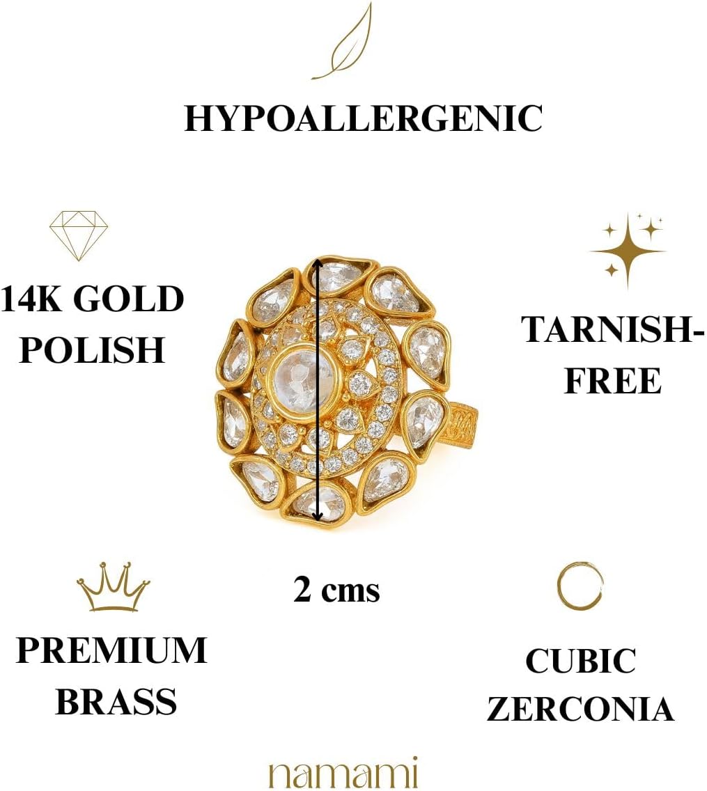 Namami Adjustable Cocktail Rings for Women | Gold Polished Pure Brass Rings with Cubic Zirconia | Statement Party Rings