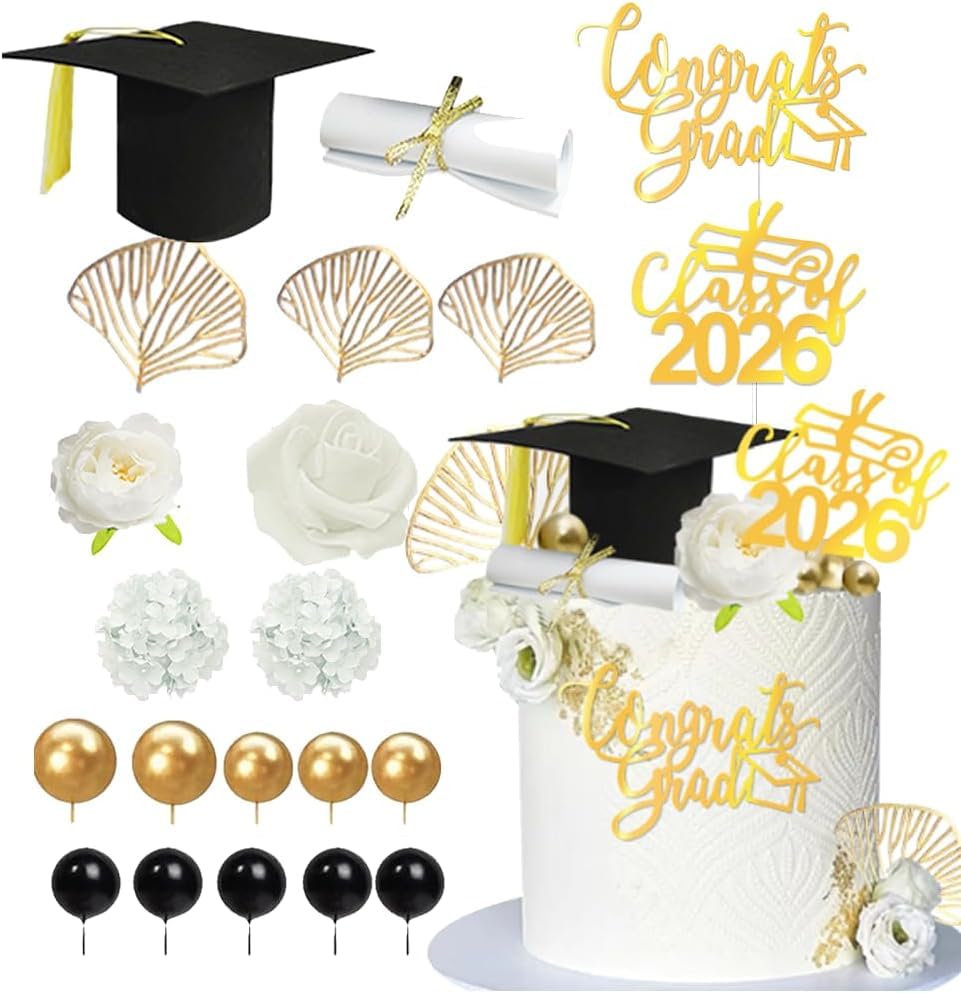 CharmeFleur 21Pcs Graduation Cake Toppers Flower Cap Cake Decorations Set Vintage 2026 Graduate Party Supplies