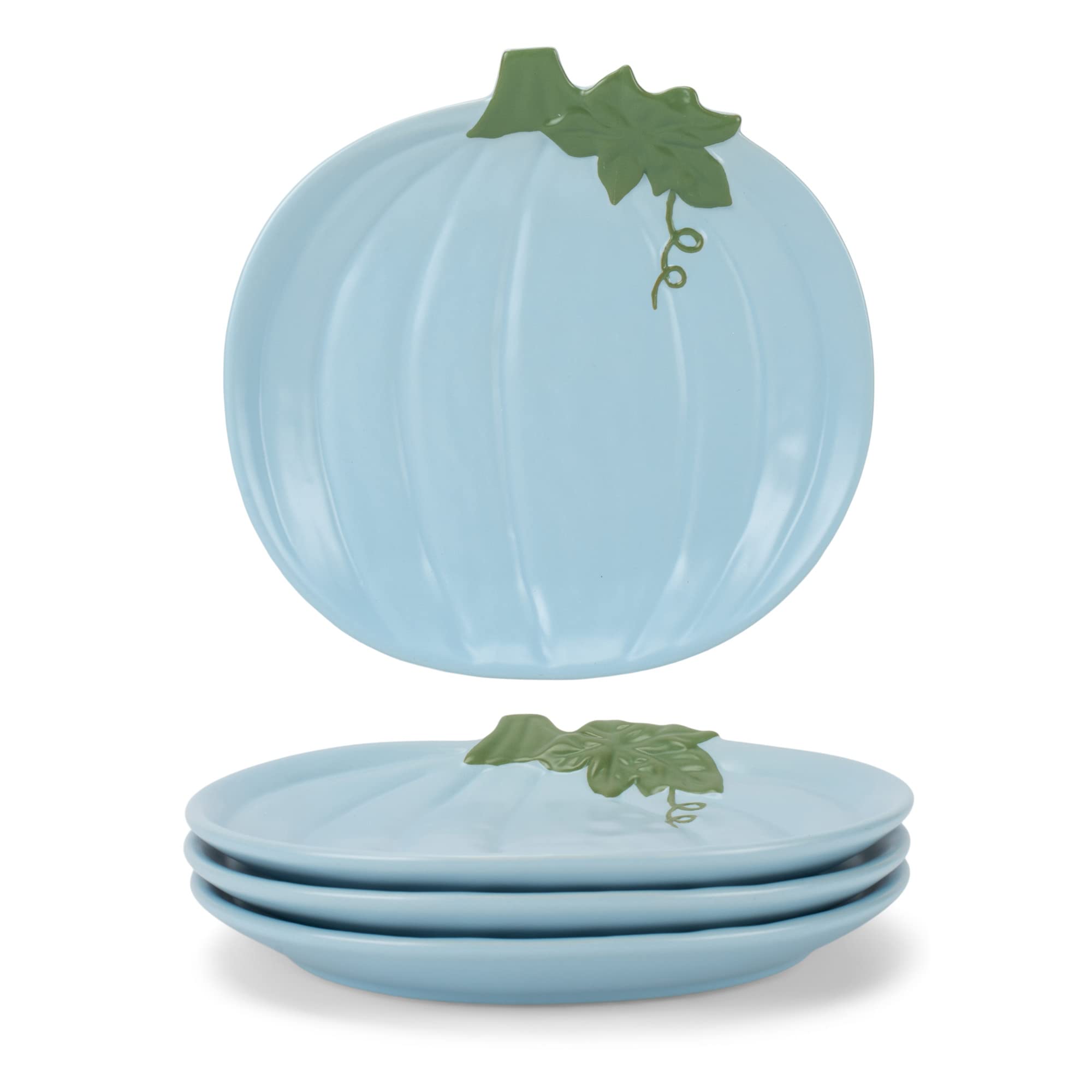 NAT AND JULES & Pumpkin Shaped 8 x 8 Inch Ceramic Small Dining Plates: Perfect for Thanksgiving, Halloween Indoor Fall Table Décor & Service - Set of 4, Powder Blue