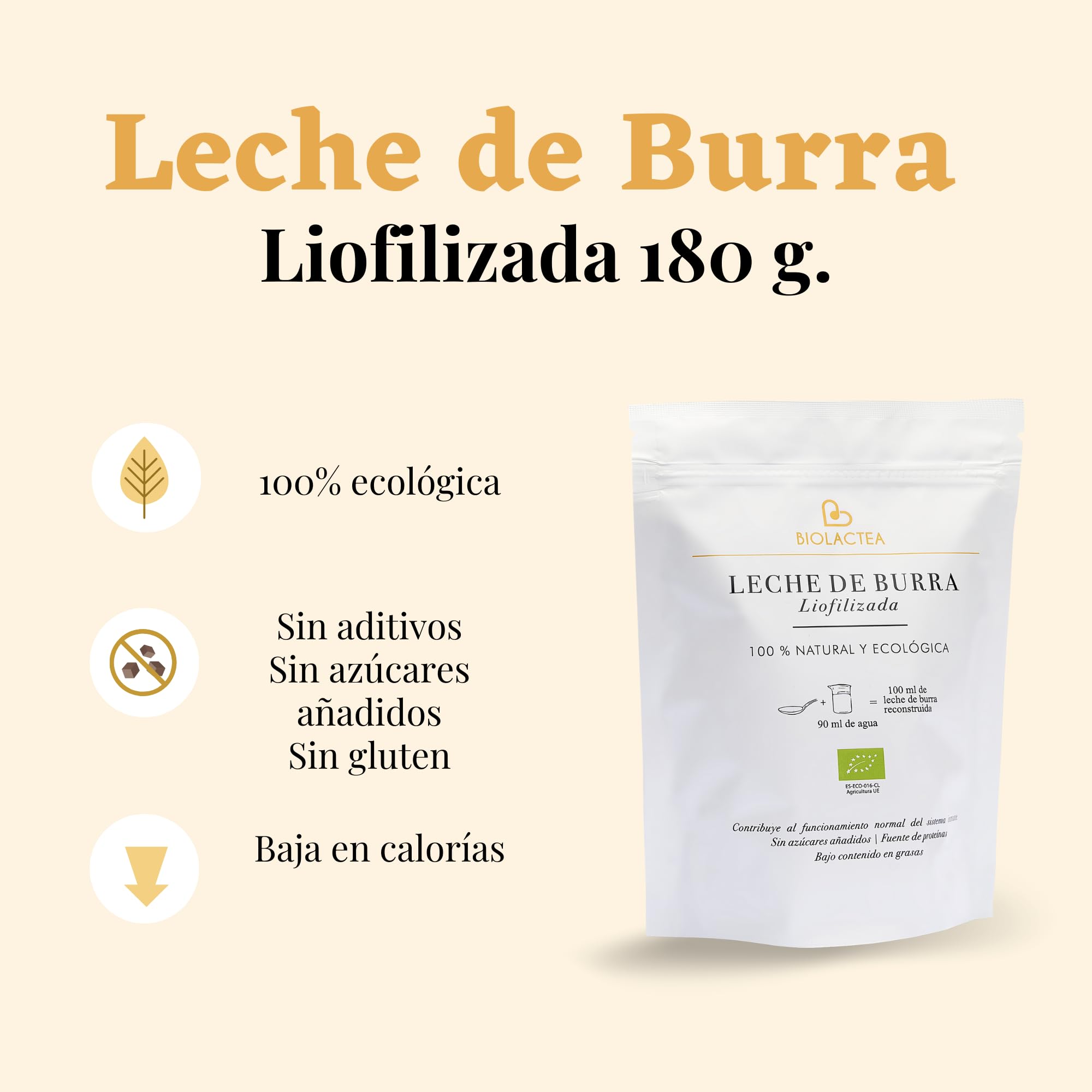 Biolactea Leche de Burra en Polvo 180 gr - Leche Pasteurizada Liofilizada Ecológica Rica en Proteínas