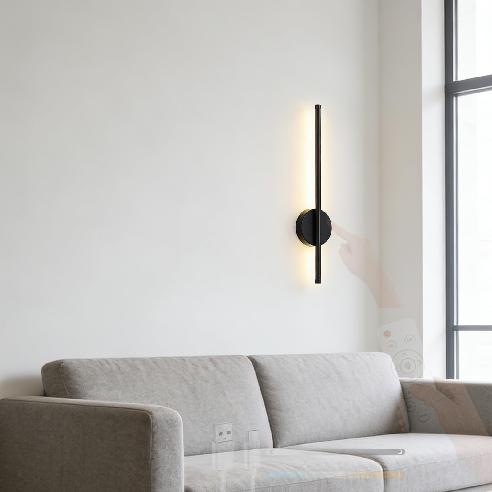 LED Innen Wandleuchte mit Fernbedienung Dimmbar Wandlampe USB Aufladbar Magnetisch Wandbeleuchtung mit Touch Control Schalter Eisen Aluminium für Wohnzimmer Schlafzimmer (80cm,Schwarz)