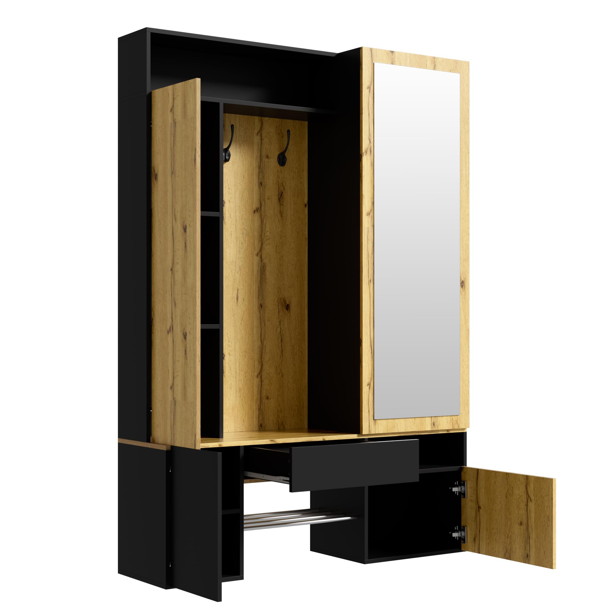 Armario de madera MDF con espejo, color negro natural, zapatero, perchero, perchero, gancho