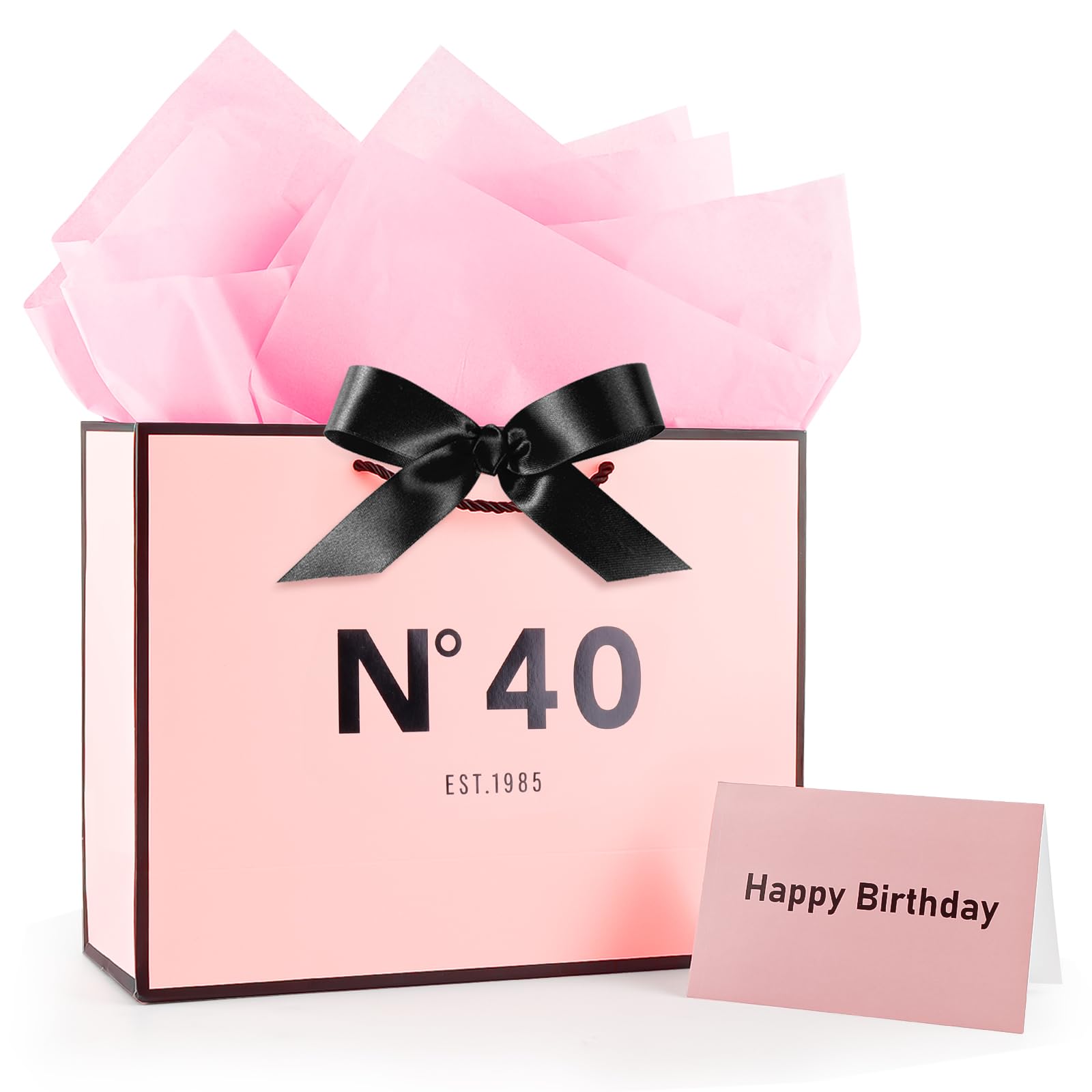Women Pink 40th Birthday Gift Bag 13" with Card Bow Ribbon and Tissue Papers for Celebrating Women Mom 1986 Born Birthday Anniversary Present Paper Bags for Gifts Wrapping(EST.1986 40th) — image 1