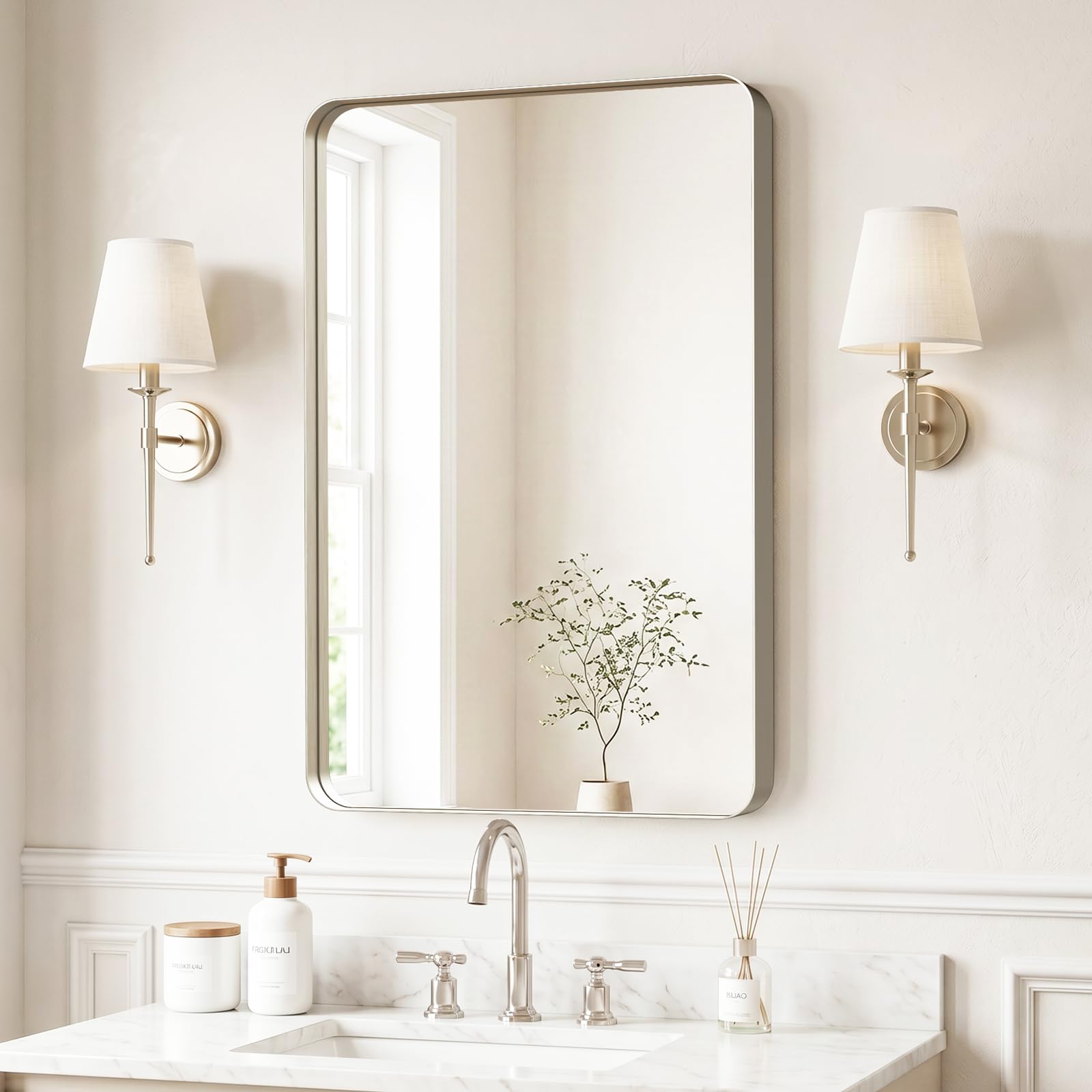 Kosmonia 30"x20" Bathroom Mirror, Large Brushed Nickel Vanity Mirror