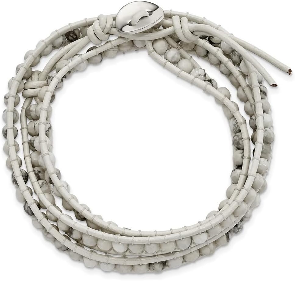 JewelryWeb White Howlite Beaded and Leather Multi-wrap Bracelet 7mm Wide Wrap Bracelet for Women