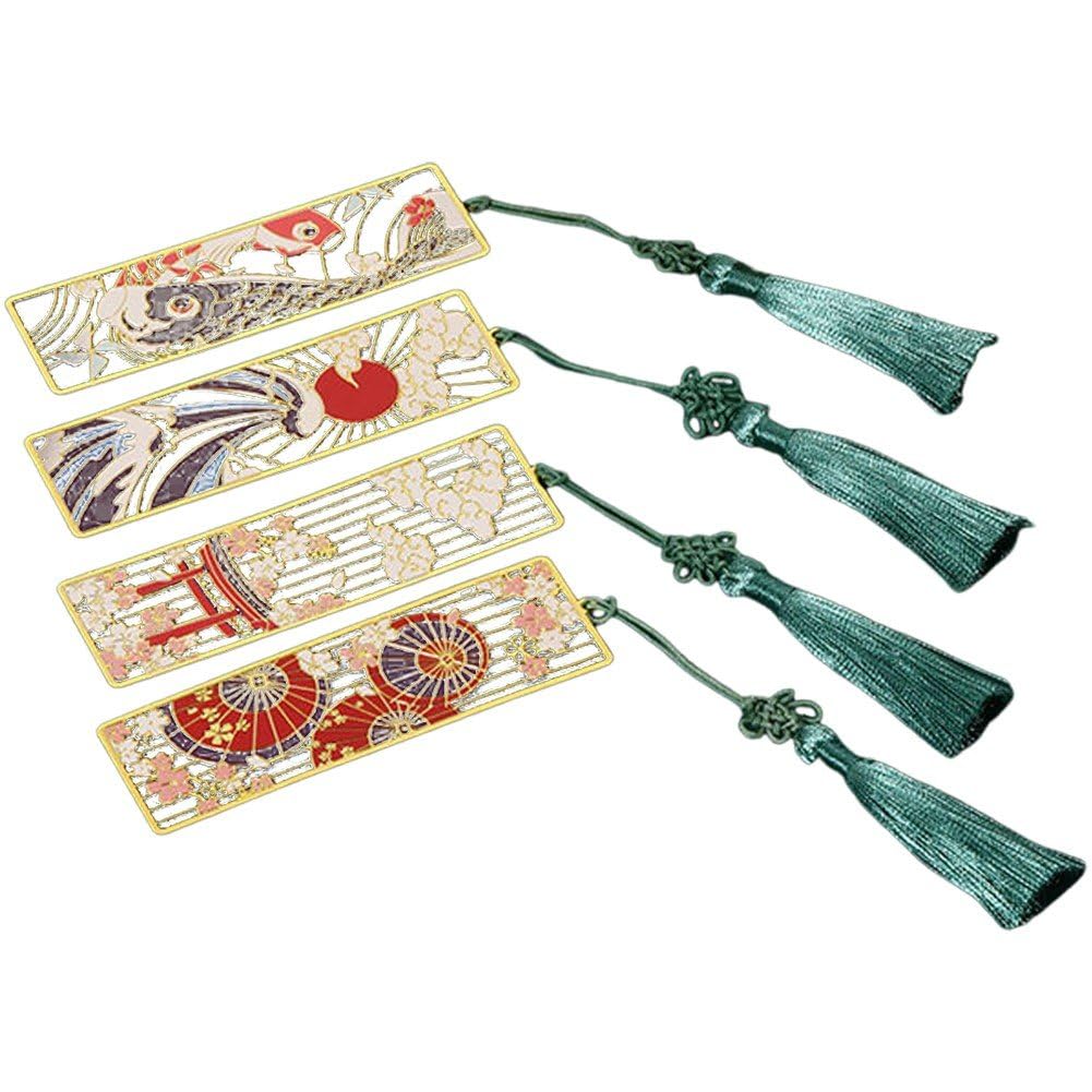 Lot de 4 marque-pages style chinois en métal ajouré vintage avec pompon chic