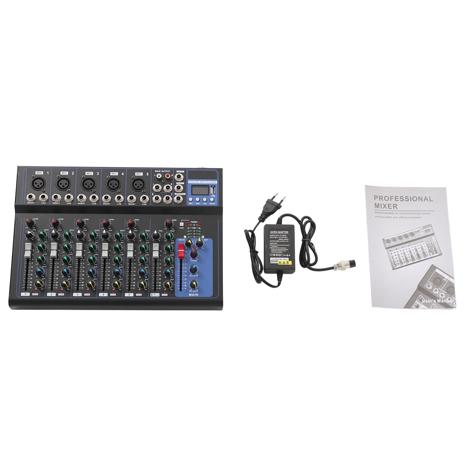 Mixer 7 Canali, Console Mixer Audio Professionale, Alimentazione Phantom 48V, USB Bluetooth DSP Effetti, Equalizzatore a 3 Bande, Ideale per Podcast Karaoke Studio Scena Bar Compatto 33x23x3.7c