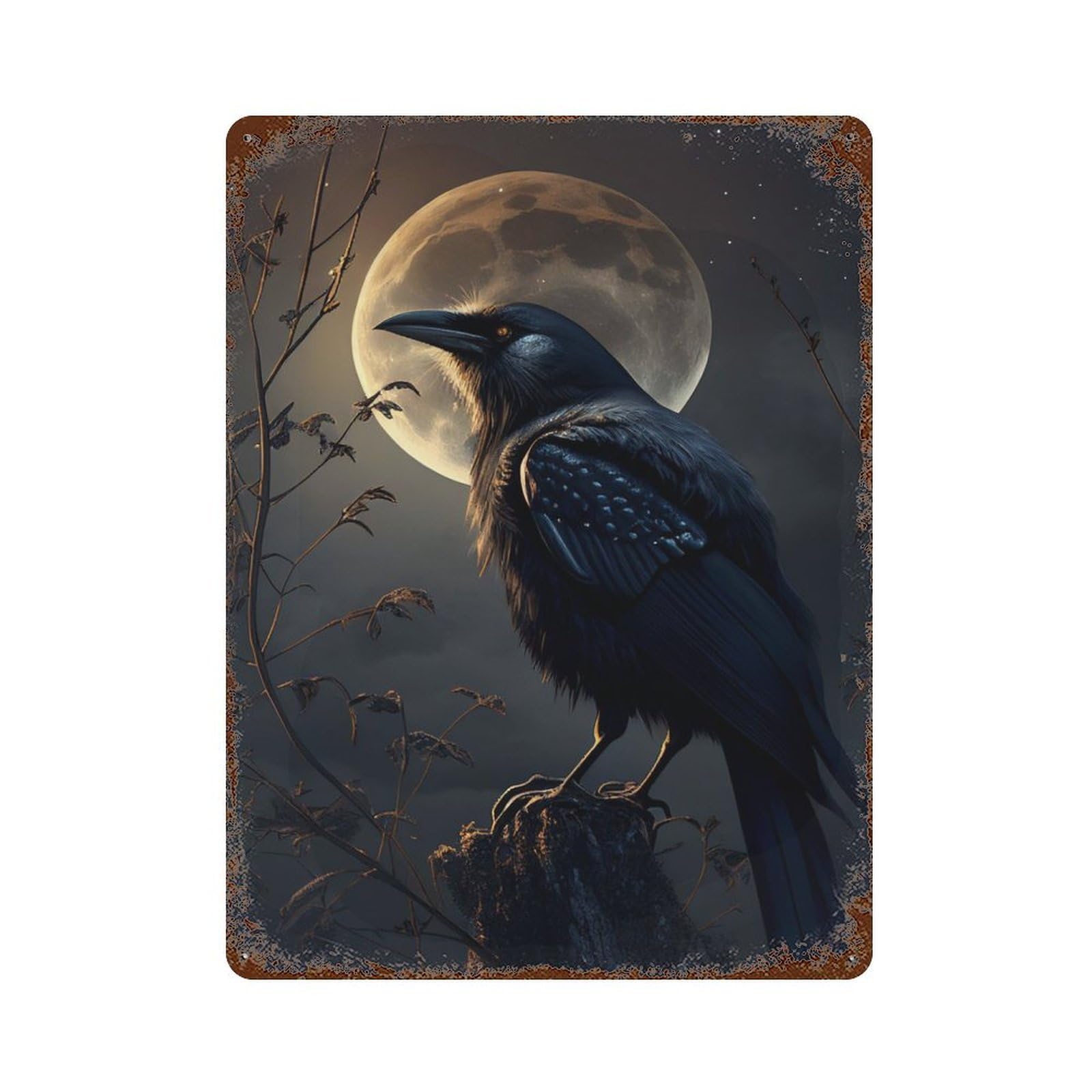 Raven Night Moon Retro Metal Sign 15.7"x11.8", Vintage Wall Decor for Garage, Pub Or Kitchen