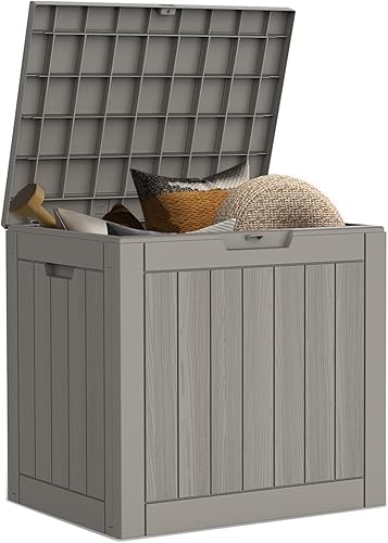 Caja de cubierta, caja de almacenamiento de resina de 31 galones para interiores y exteriores, impermeable, para cojines de muebles de patio,