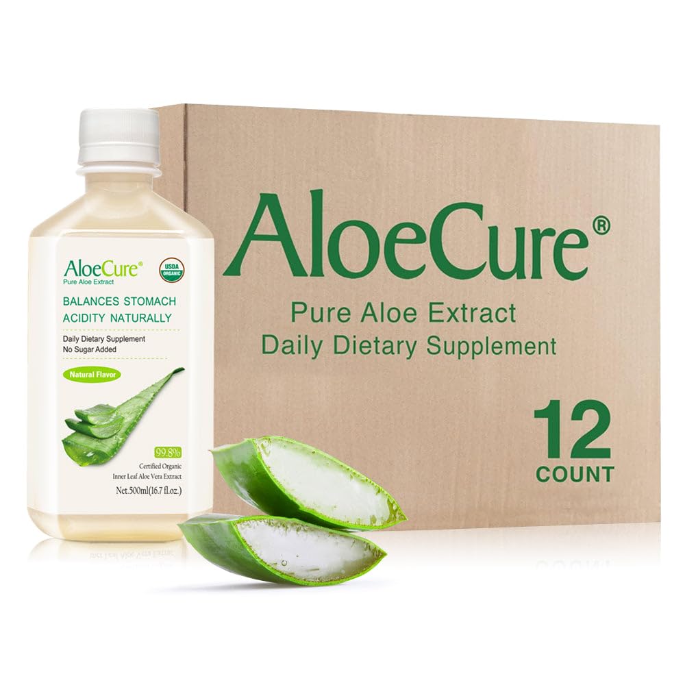 AloeCure USDA Organic Aloe Vera Juice Made Within 12 Hrs of Harvest - Pure Aloe Juice Natural Digestive Supplement to Support Digestion, Immune System and Balanced Stomach Acidity, 12 x 500ml Bottles