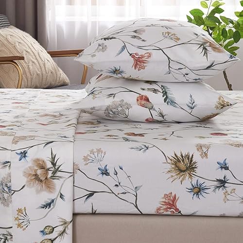 Miniatura 6 de DAUAOTO Juego de sábanas estampadas 100% algodón para cama tamaño King de hasta 14 pulgadas de profundidad, patrón botánico floral