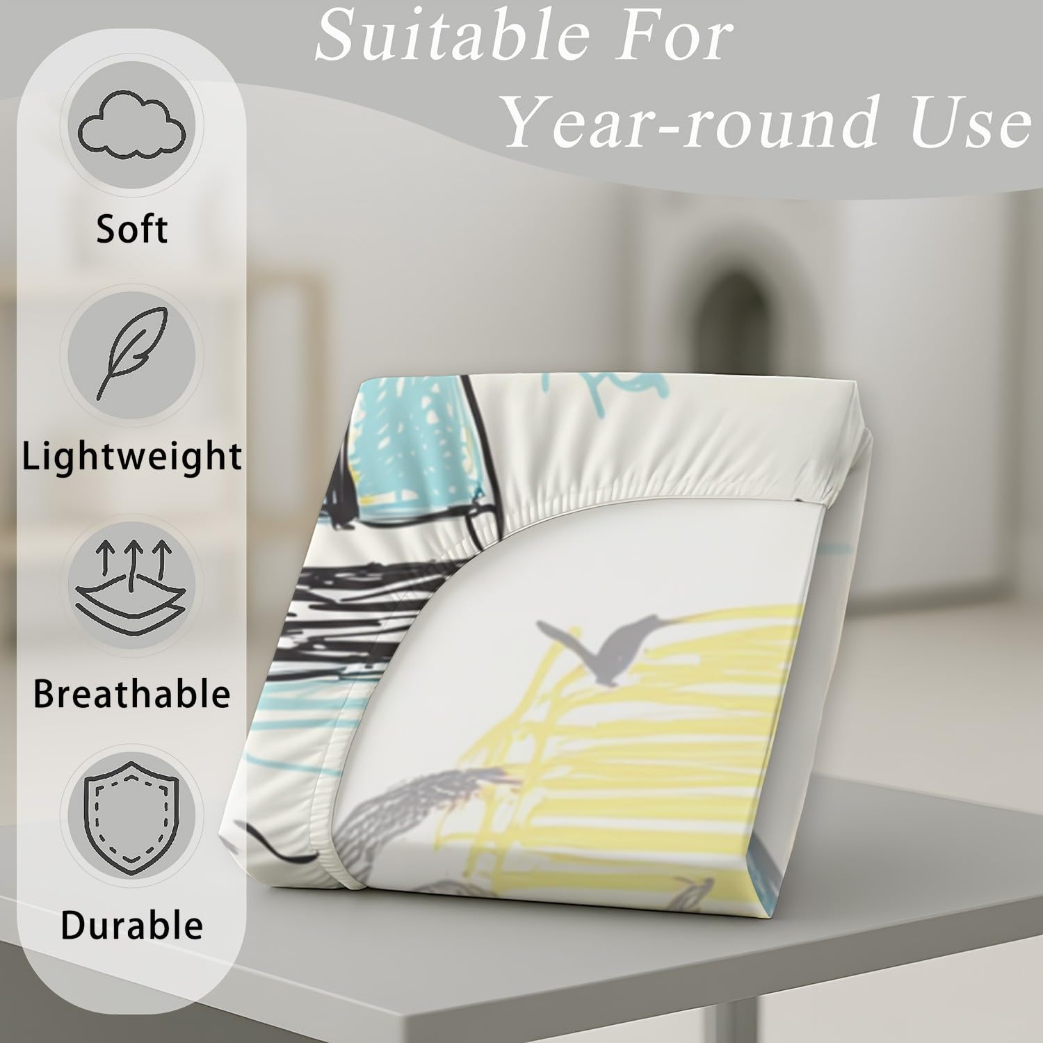 Playful Seaside Sábana bajera ajustable de verano, velero, palmera, pájaro, 30 cm de profundidad, microfibra, transpirable, para cama de matrimonio pequeño para niños y adolescentes, decoración de