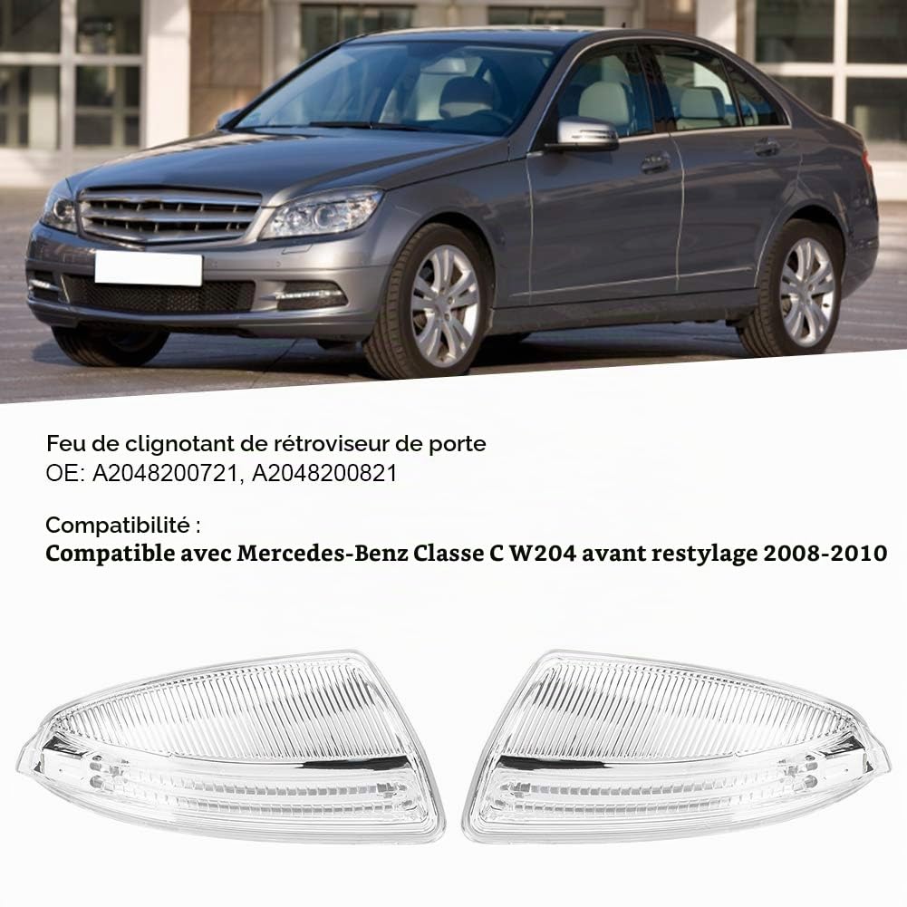 Tournant de Rétroviseur Latéral, Rétroviseur de Porte de Paire Lampe de Clignotant LED A2048200721 adapté à la Classe C W204 08 à 10