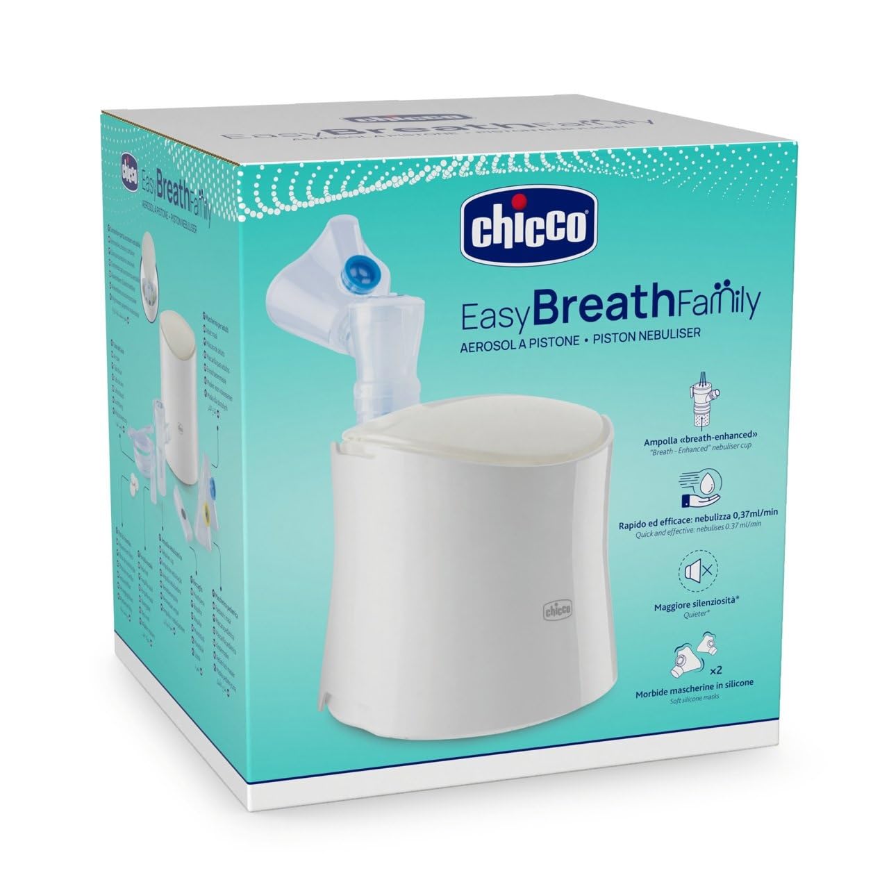 Chicco Easy Breath Family, aerosol de pistón para bebés, niños y adultos, aerosol portátil, ultracompacto, con dos mascarillas suaves y ergonómicas, con boquilla y horquilla nasal, 0 meses+