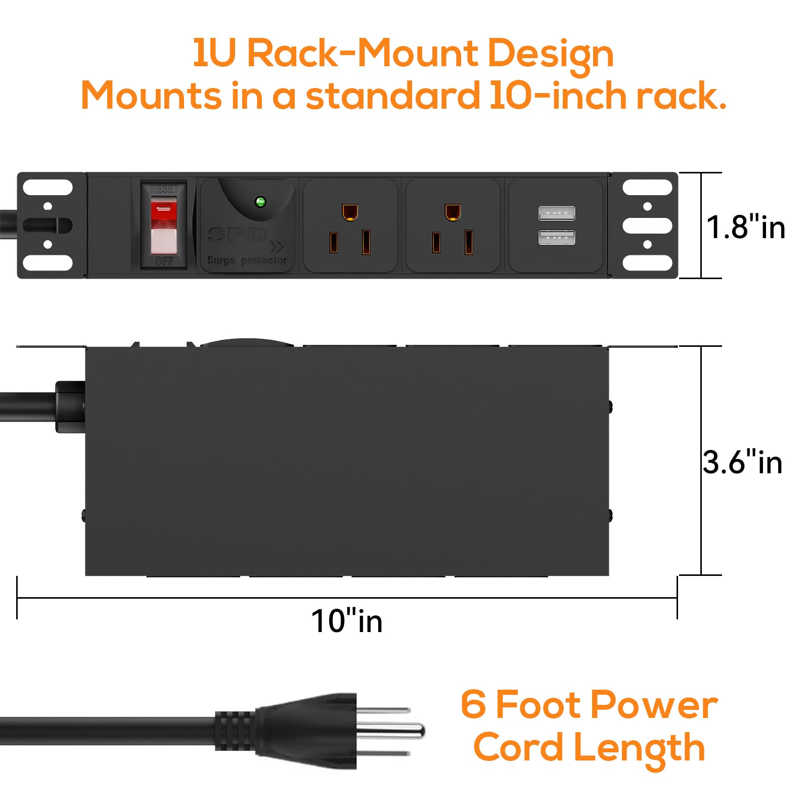 PDU rack 10 pouces, 1U 6 sorties (2 pouces avant, 4 pouces arrière), protection contre les surtensions 1020J et interrupteur de surcharge 15A et 2 USB-A, bandes d'alimentation