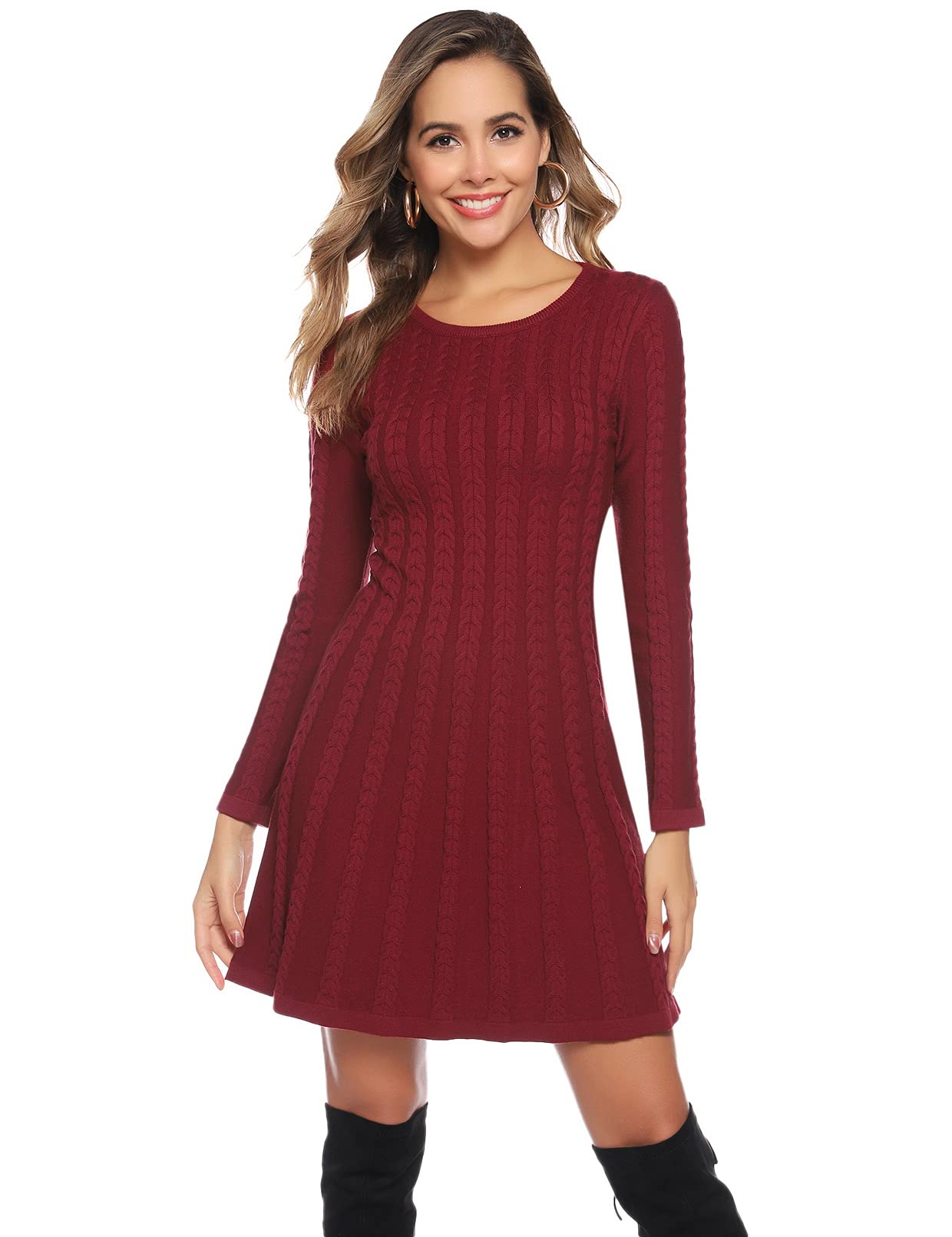 Gyabnw Vestito Casual Donna Invernale in Maglione Abito Vita Alta Elegante in Girocollo di Orlo Svasato Abito Linea A in Maglia al Ginocchio Caldo di Moda Treccia Ritorta