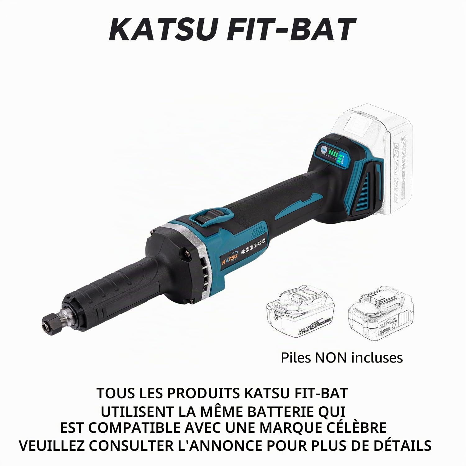 KATSU FIT-BAT 21V Brushless Meuleuse Droite sans Fil, avec Moteur sans Balais, Mandrin de 6mm et 4 Vitesses Variables, sans Batterie ni Chargeur 102319