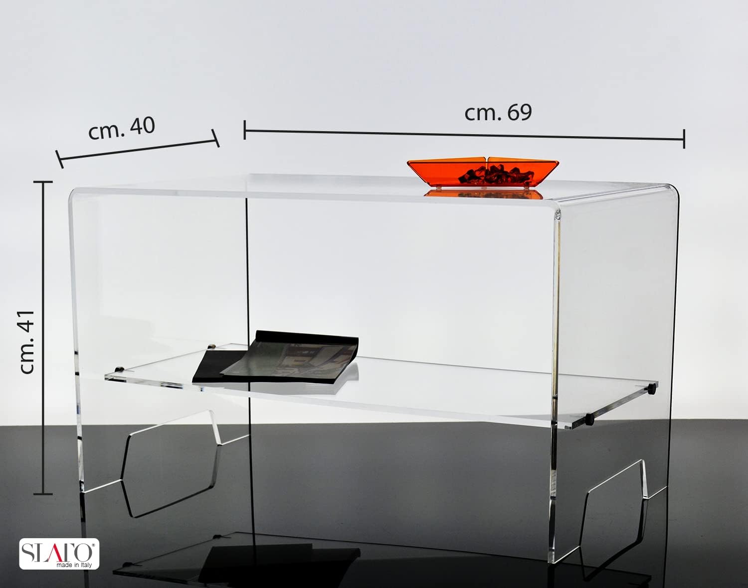 Slato Mira - Tavolino Basso da Salotto, soggiorno, Tavolino da caffè, Design Moderno in cristallo acrilico Trasparente Made in Italy, cm. L 69 × P 40 × H 41
