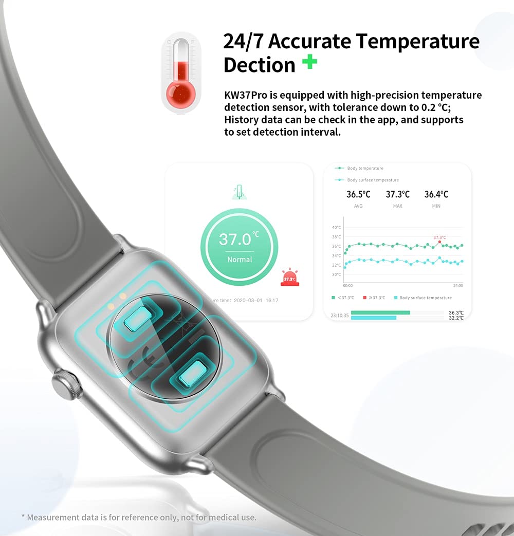Reloj inteligente, rastreador de actividad física, medición de temperatura impermeable IP68, monitor de frecuencia cardíaca, pulsera deportiva para Android iOS (gris)