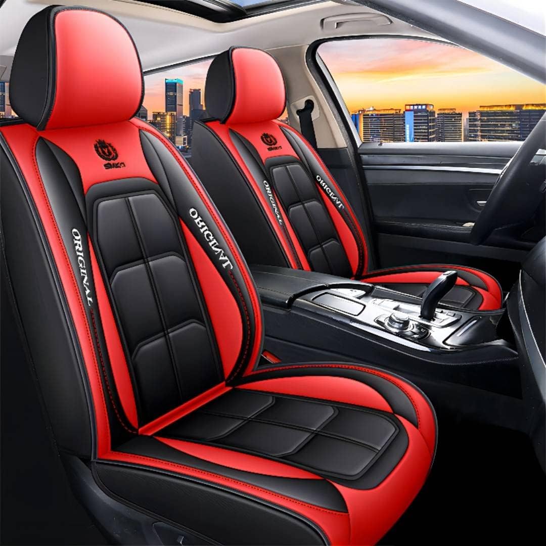BGYFDU03 Seat Cover 5-Seater Full Set, Universal Type, Suitable for Most Cars, Cars, SUV, Trucks, Pickup Ttrucks, Airbags Compatible with Synthetic Leather Car Seat Cushion Protectors (Black-red)