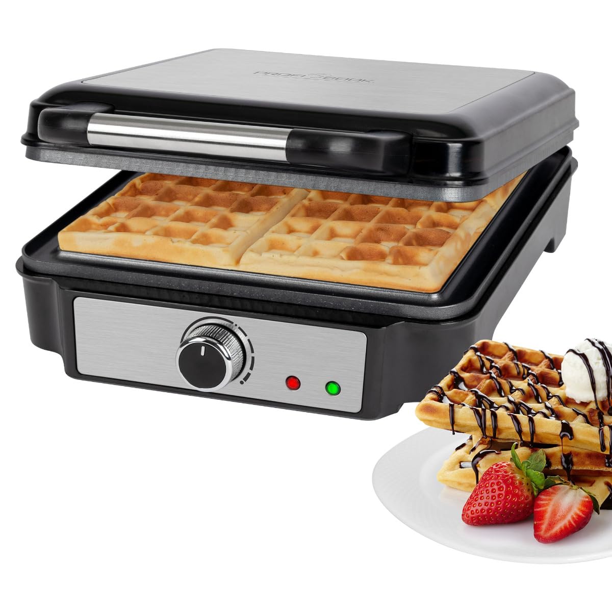ProfiCook® PC-WA 1241 - Piastra per waffle belghe con 4 superfici di cottura, piastra per waffle belga, superficie di cottura antiaderente | grado di doratura regolabile | acciaio inox | 1200 Watt |