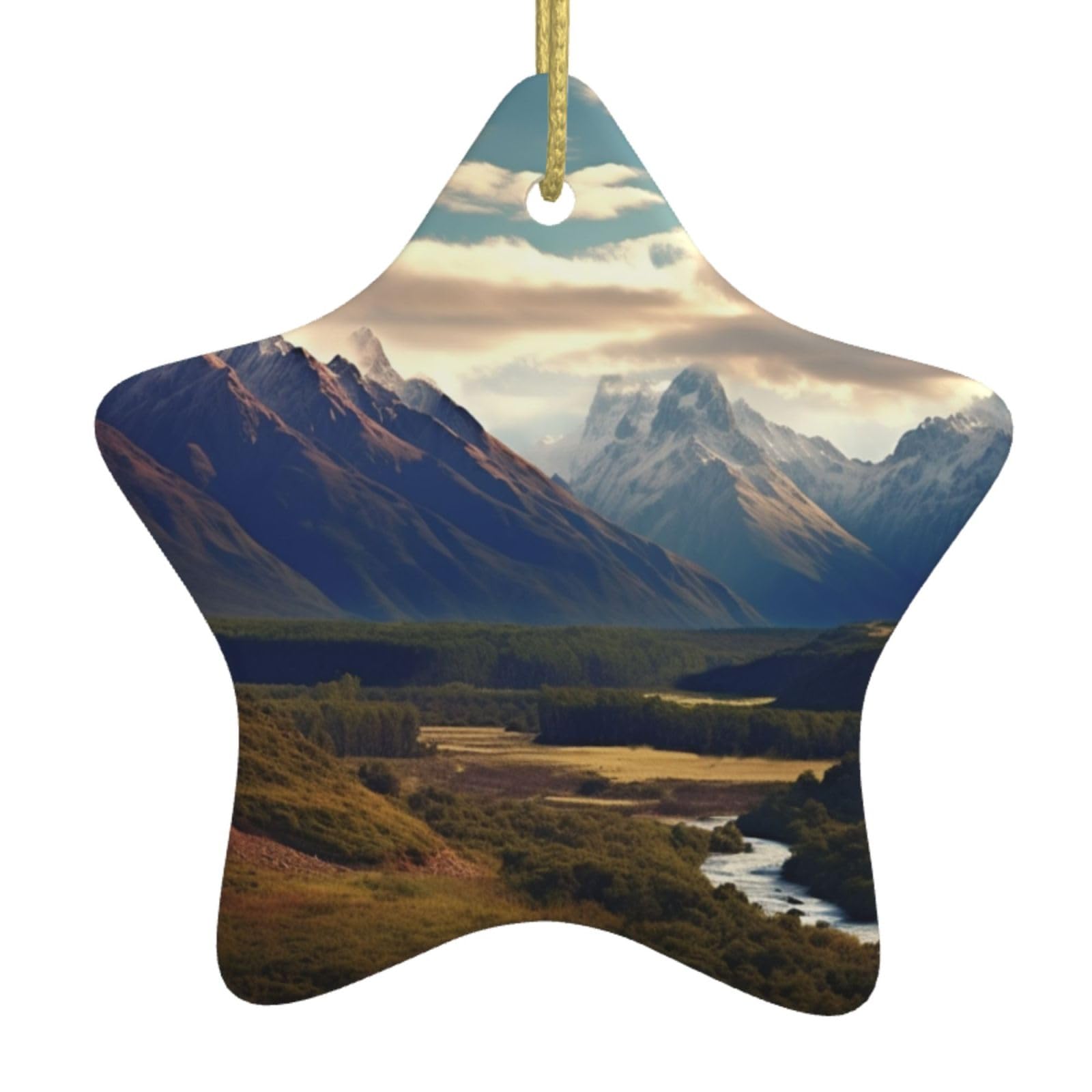 Ceramic Christmas Tree Hanging Ornaments with Gold Ropes Christmas Tree Decorations Star Ceramic Cook National Park Mountain Landscape Pendant Keepsake Decorations for Holiday Xmas Gift Ideas