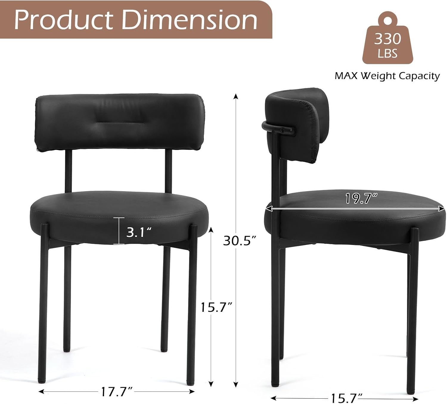AVAWING Black Faux Leather Dining Chairs Set of 2, Modern Upholstered Kitchen Chairs with Metal Legs and Curved Backrest, Round Dining Room Chairs for Dining Room and Kitchen