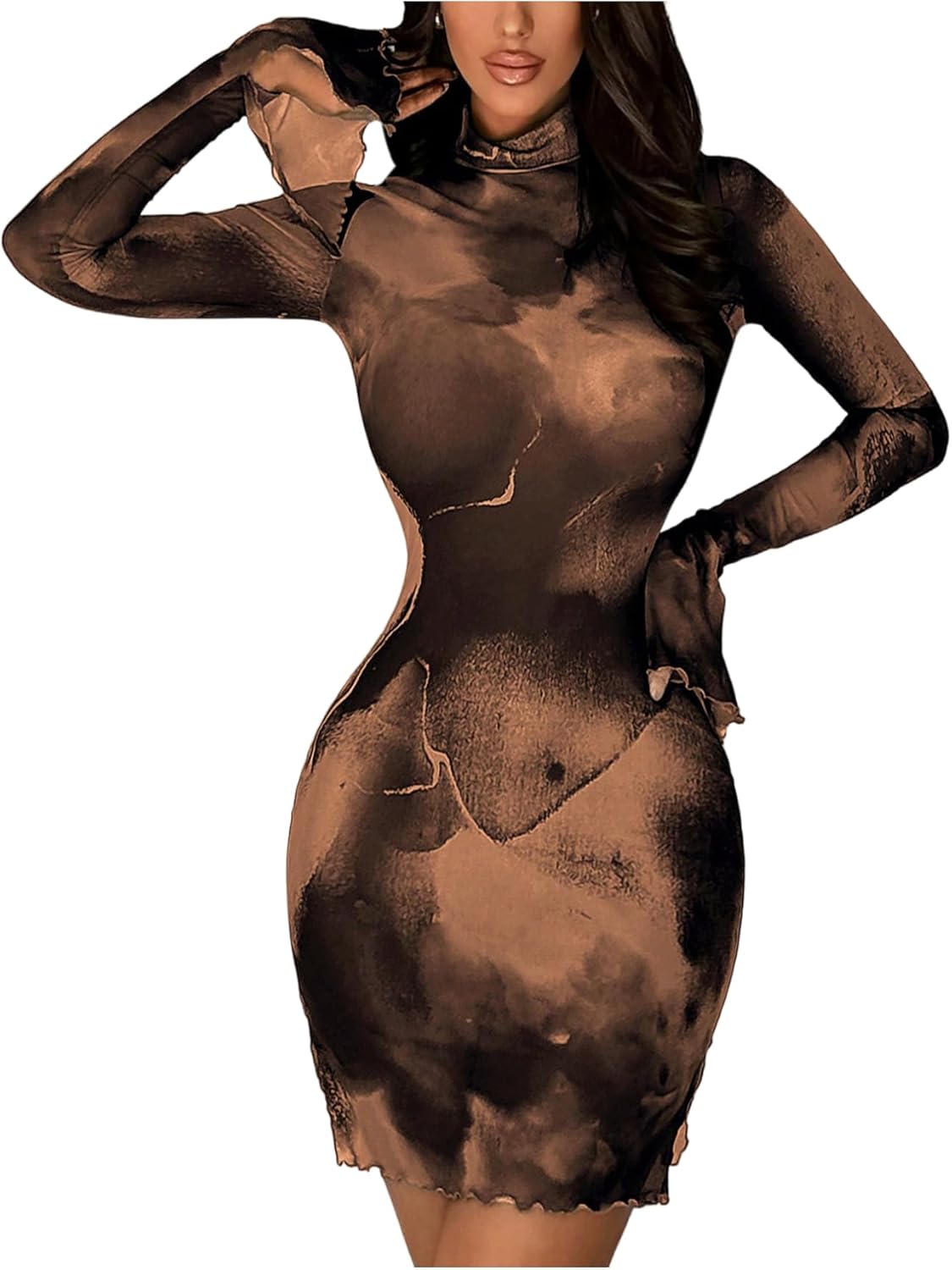 Milumia Women's Tie Dye Print Sheer Mesh Mini Dress Mock Neck Long Sleeve Split Bodycon Dresses