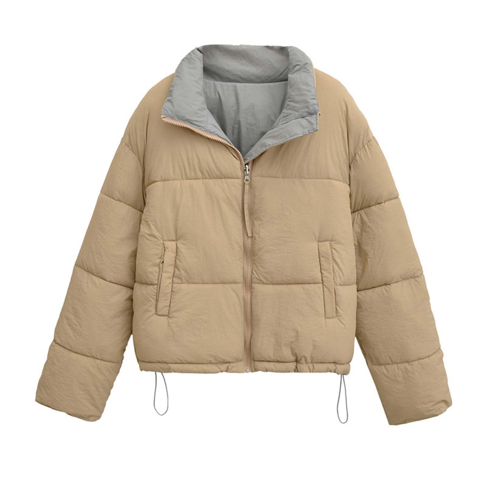 Vestes matelassées courtes pour femme – Manteaux matelassés et réversibles – Manteau d'hiver chaud en duvet – Manteau à capuche avec col montant et fermeture éclair – Manteau léger et décontracté