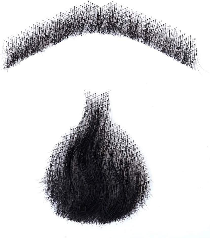 100% Human Hair Fake Face Beard and Mustache for Adults Men Realistic Makeup Lace Invisible False Beards（HZ05-Black)