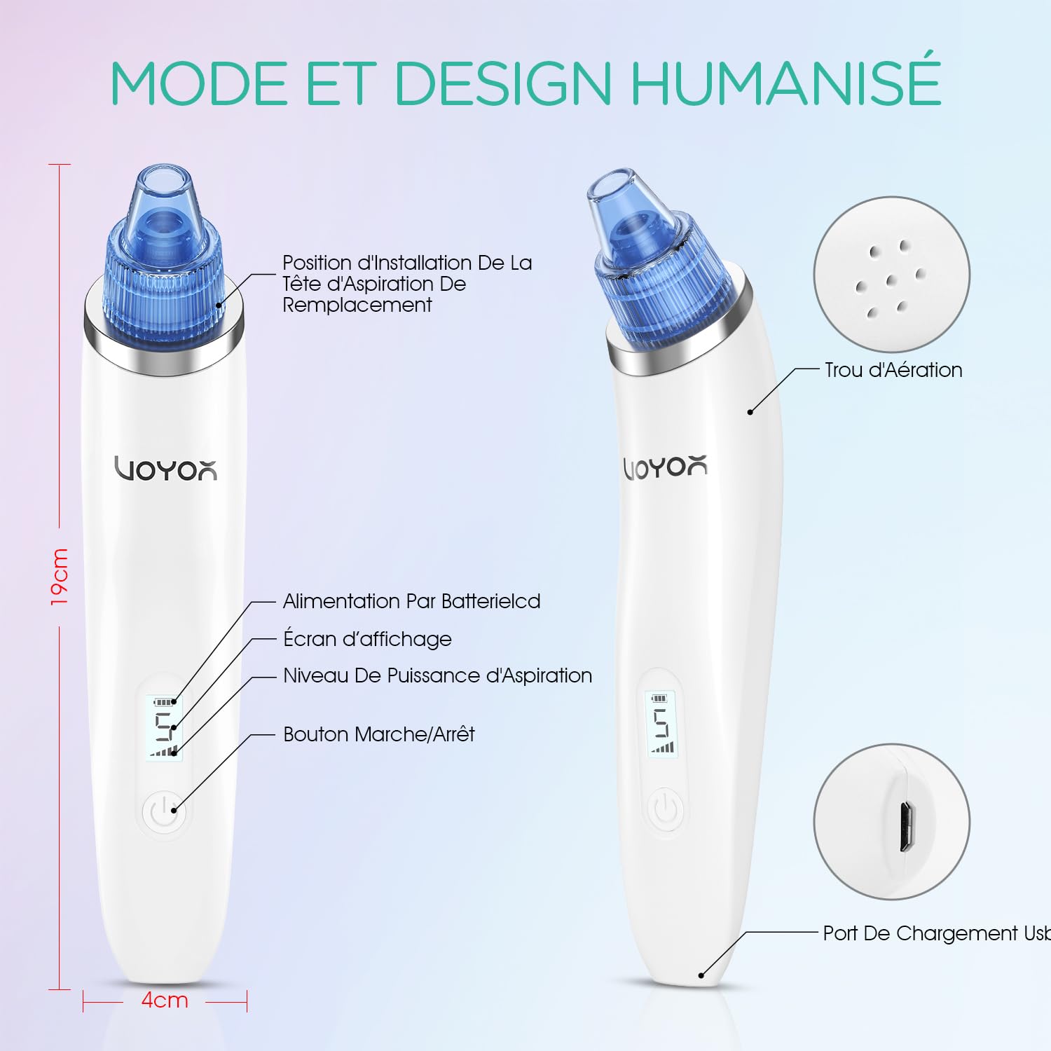 VOYOR Aspirateur Point Noirs Professionnel 6 en 1 Extracteur de Points Noir Electrique Tire Comédons Acnés Nettoyant de Pores Soin Visage Femme, 6 Sondes et 5 Modes, Rechargeable avec écran LCD BR510