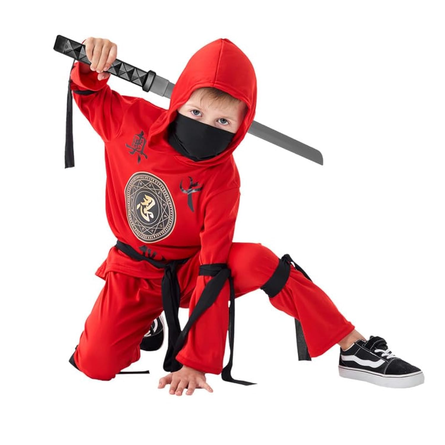 Disfraz de Ninja rojo con pantalón con capucha, cintas y espada de juguete para niños, fiesta de disfraces Halloween